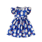 Spring Dresses For Toddler Girls 2025 Fly Sleeve Cartoon Baseball Prints Summer Ruched A-Line Casual Formal Dress Size 6-12 Months